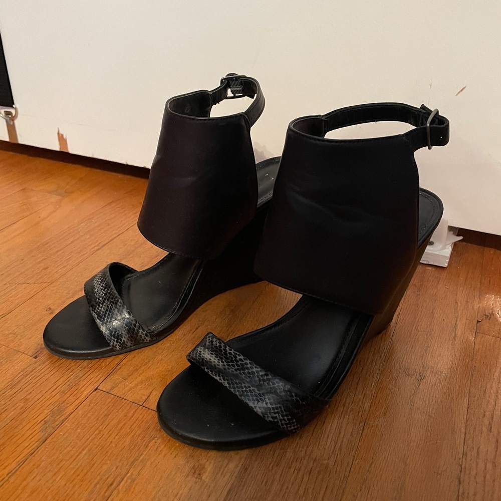 Black Leatherette Wedge Sandals